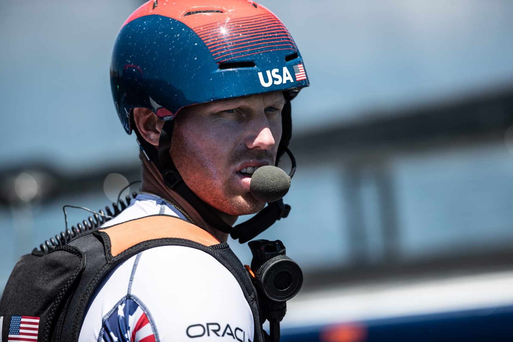 Skipper Rome Kirby abord the USA SailGP Team's F50 during a race condition practice session. Race 1 Season 1 SailGP event in Sydney Harbour, Sydney, Australia. 12 February 2019. Photo: Matt Knighton for SailGP. Handout image supplied by SailGP