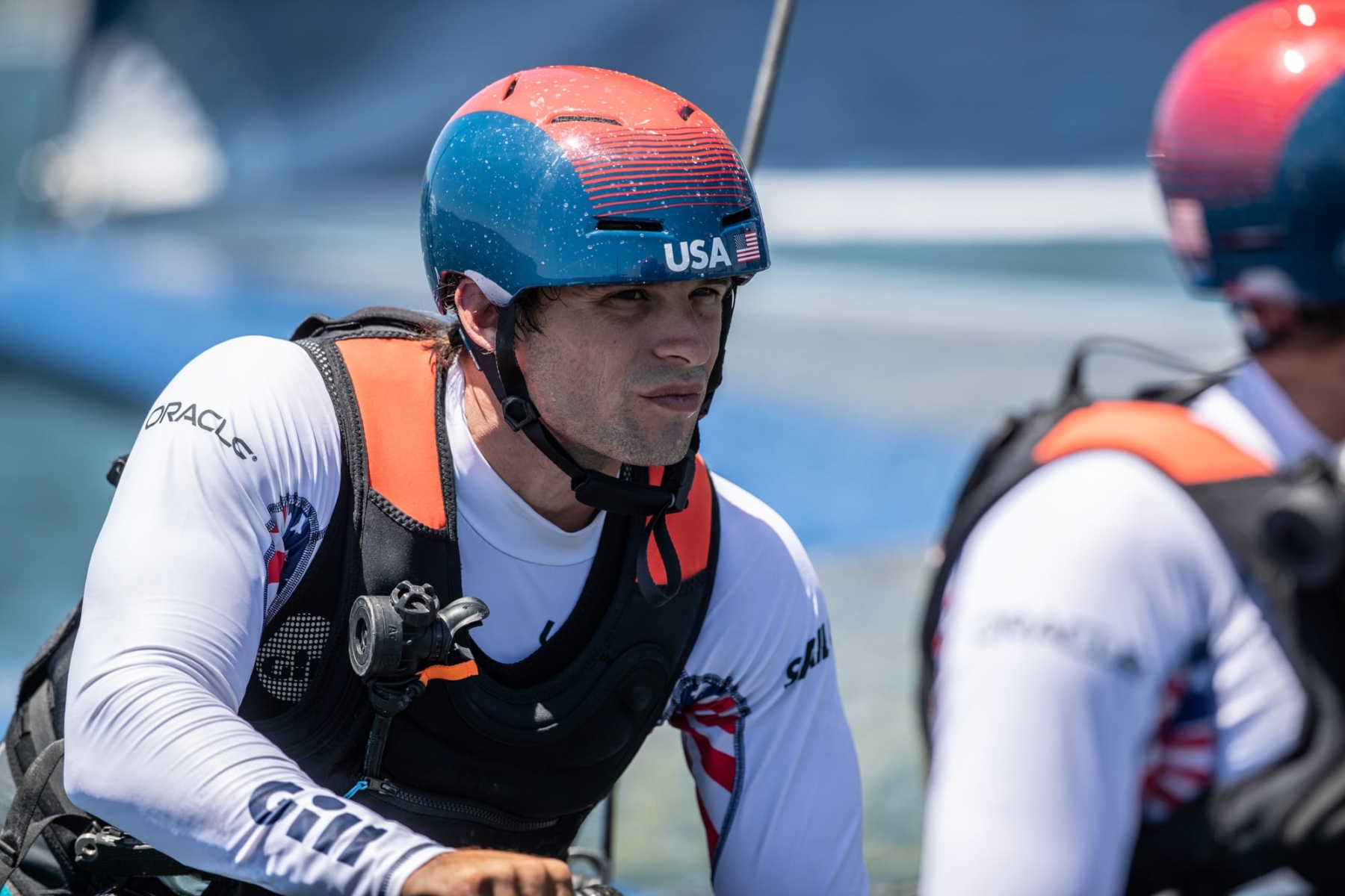Mac Agnese abord the USA SailGP Team's F50 during a race condition practice session. Race 1 Season 1 SailGP event in Sydney Harbour, Sydney, Australia. 12 February 2019. Photo: Matt Knighton for SailGP. Handout image supplied by SailGP